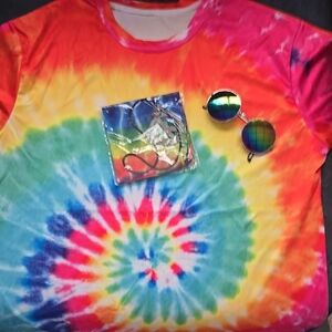 Tie Dye Tee Red and Pink Short Sleeve ,sunglases ,peace Neacklece ✌️